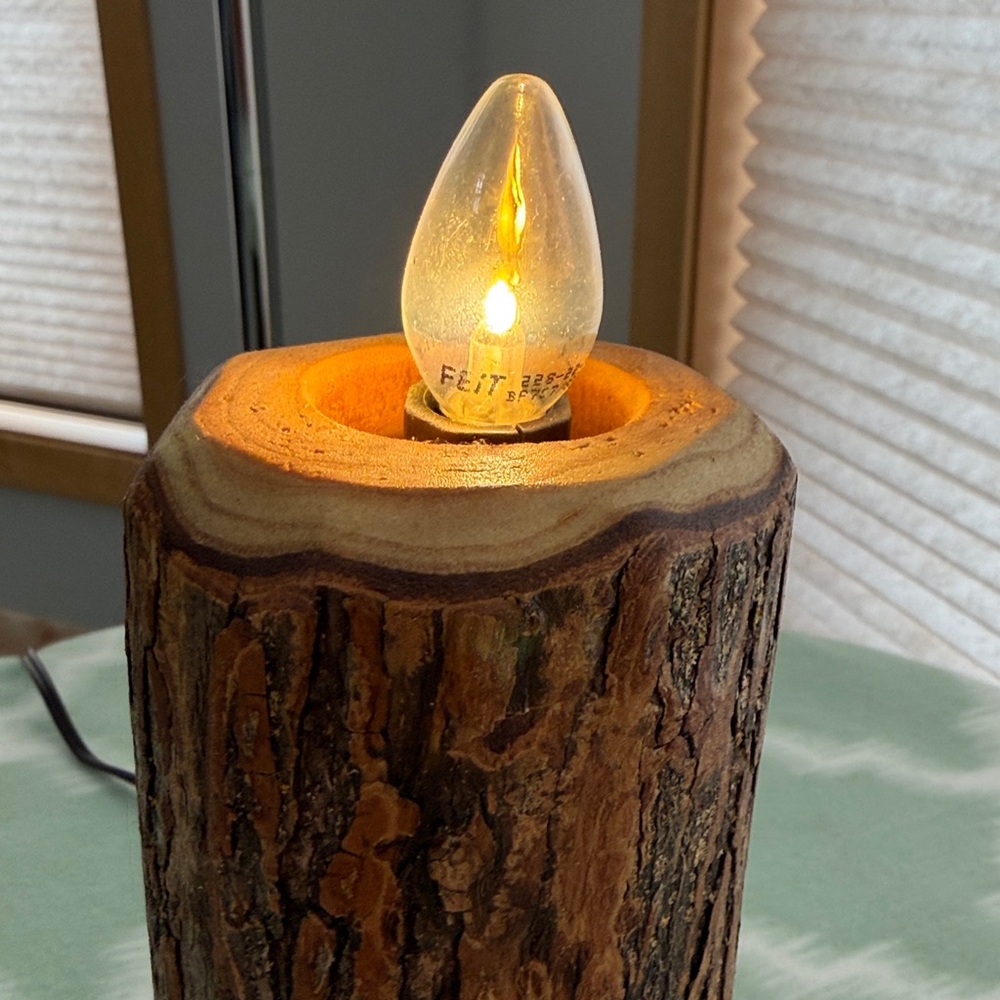 Handmade Rustic Wood Log Lamp that looks like a candle - Picture 2 of 8